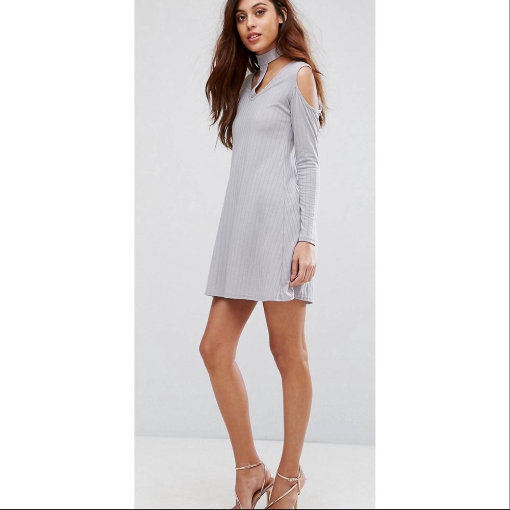 Be Jealous grey ribbed swing dress with tie neck